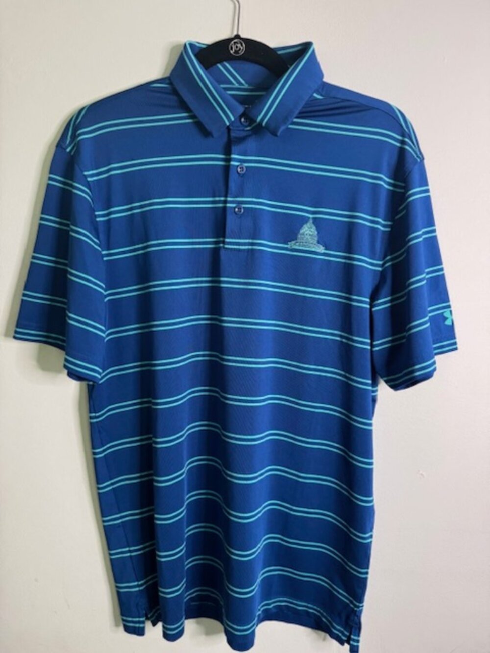 Under Armour HeatGear Men's Polo Congressional Logo Blue and Teal Striped Large